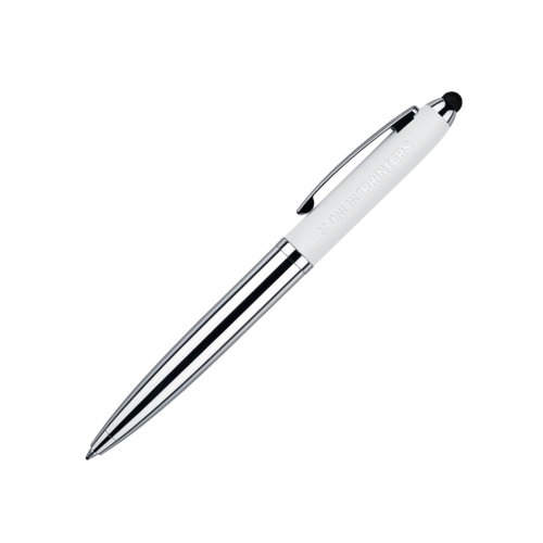 White metal ballpoint pen with touchpad and twist mechanism.