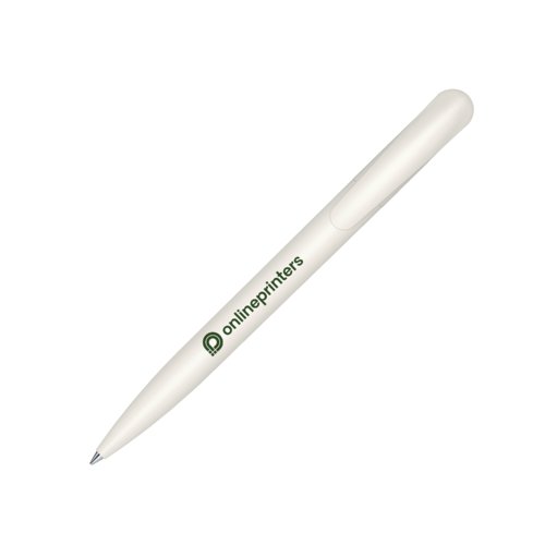 White bioplastic ballpoint pen with clip and push mechanism.