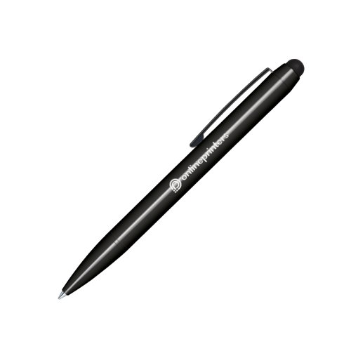 Black plastic twist ballpoint pen with touchpad and clip.