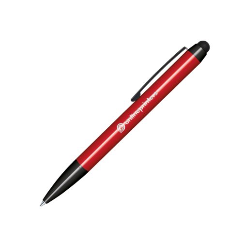 Red plastic twist ballpoint pen with touchpad stylus and clip.