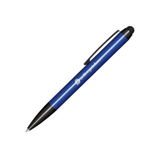 Dark blue plastic twist ballpoint pen with touchpad stylus and clip.