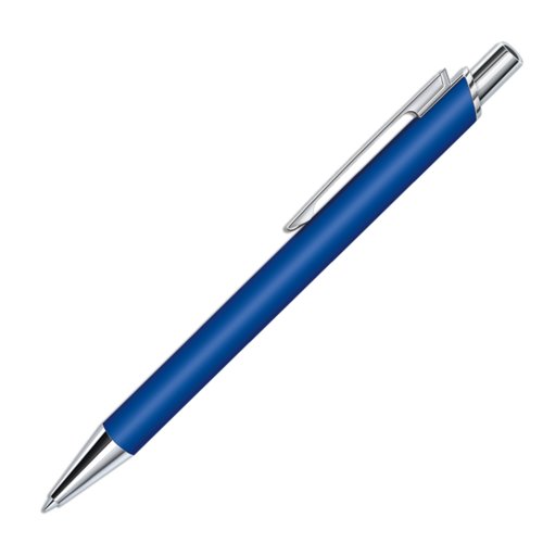 Dark blue plastic ballpoint pen with soft touch surface and clip.
