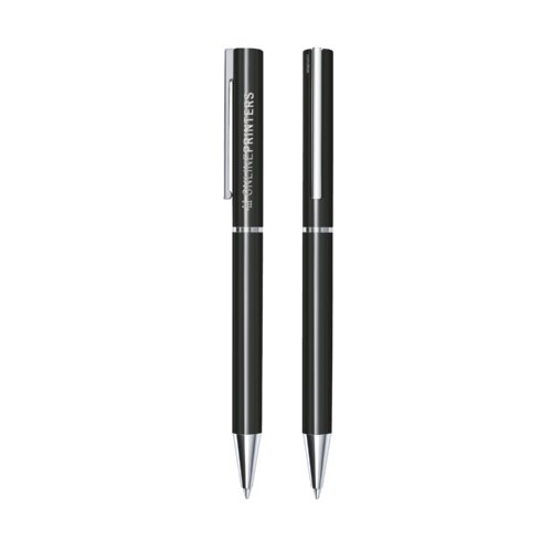 Black plastic twist ballpoint pen with metal elements and clip.