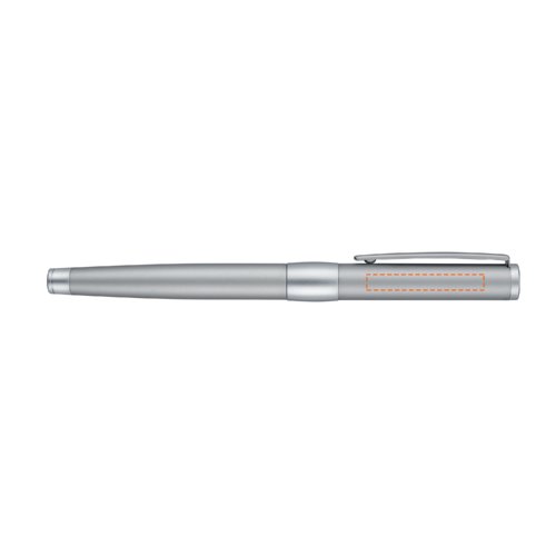 Chrome-colored metal rollerball pen with clip.