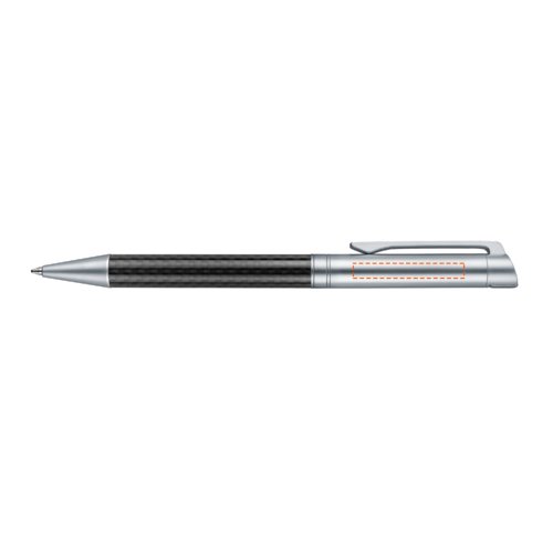 Metal ballpoint pen with carbon elements, clip and push mechanism.
