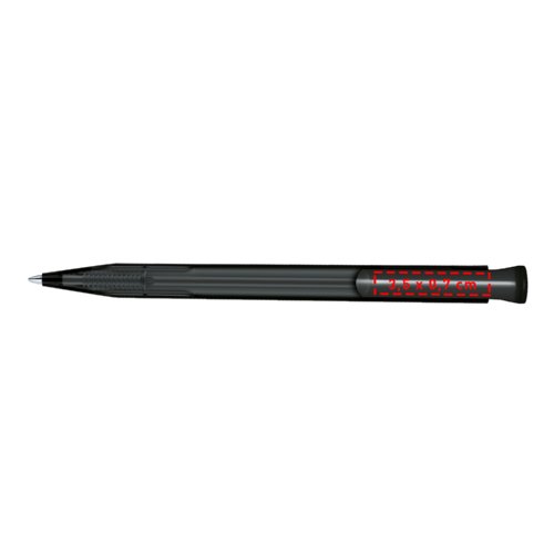Frosted ballpoint pen with clip and push mechanism.
