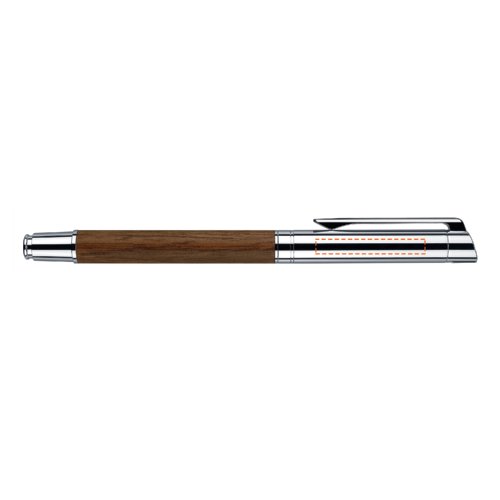 Twist ballpoint pen made of wood and metal with clip.