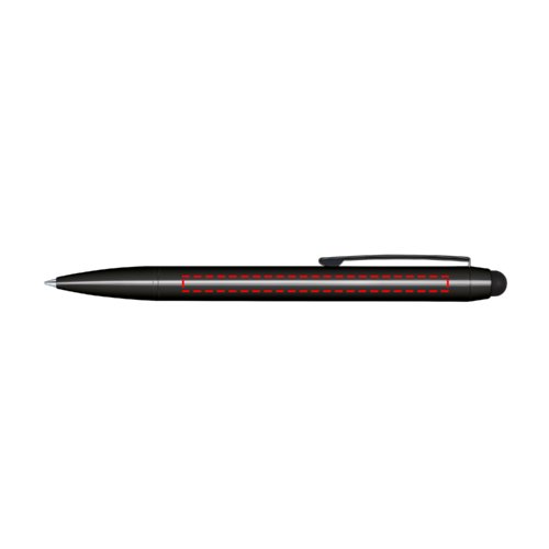 Black ballpoint pen with twist mechanism and touchpad stylus.