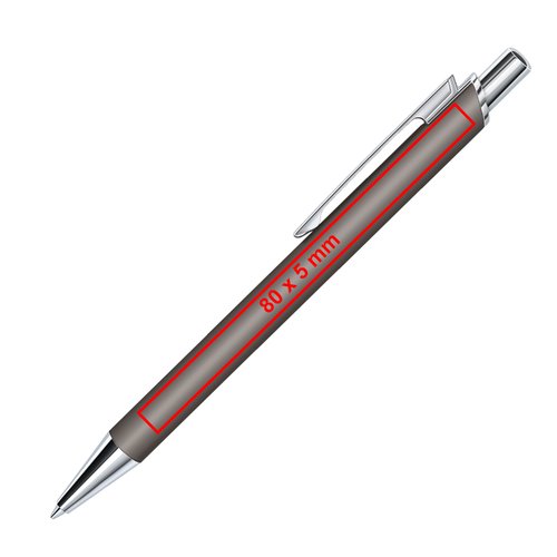 Gray click ballpoint pen with soft touch surface and clip.