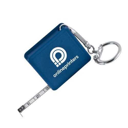 Blue plastic tape measure with keychain.