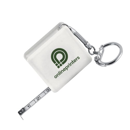 White tape measure with keychain and retraction mechanism.