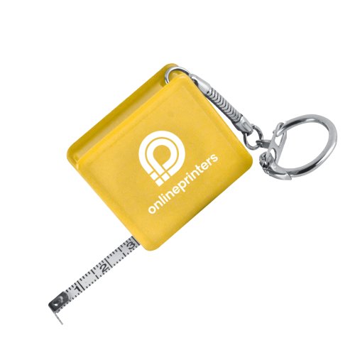 Yellow plastic tape measure with keychain and automatic retraction.