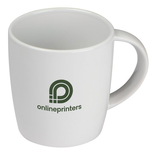 White ceramic mug with handle.