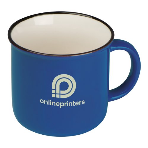 Blue ceramic mug in retro look with handle.