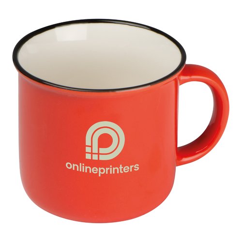 Red ceramic mug in retro design with handle.