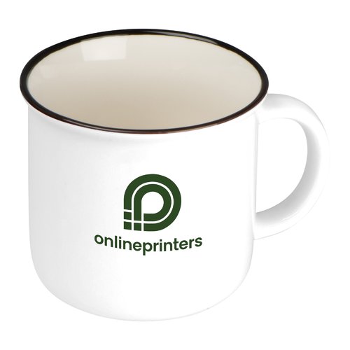 White ceramic mug in retro style with handle.