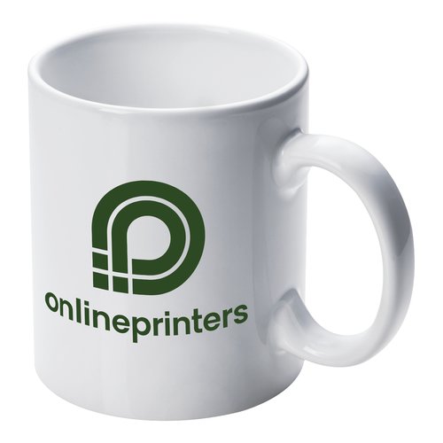 White ceramic mug with handle.