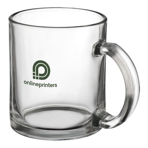 Transparent glass mug with handle.