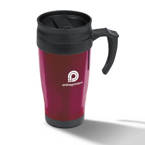 Red plastic mug with lid and handle.