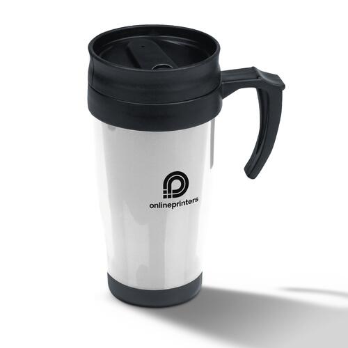 White plastic travel mug with handle and lid.