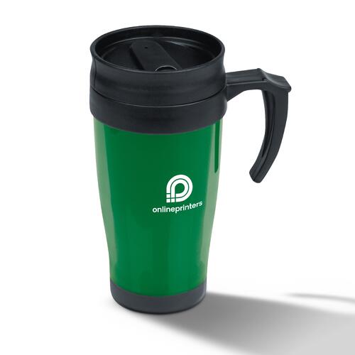 Green plastic mug with lid and handle.