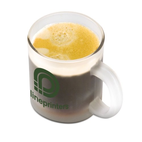 Transparent glass coffee mug with handle.
