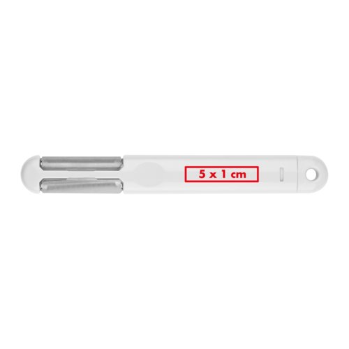 White plastic multi-peeler with hanging hole.