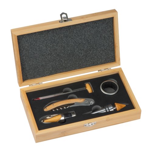 Brown wine set with accessories in a wooden box.
