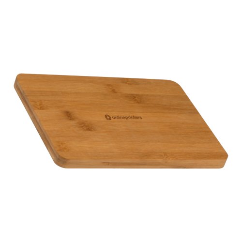 Beige bamboo board with rounded edges.