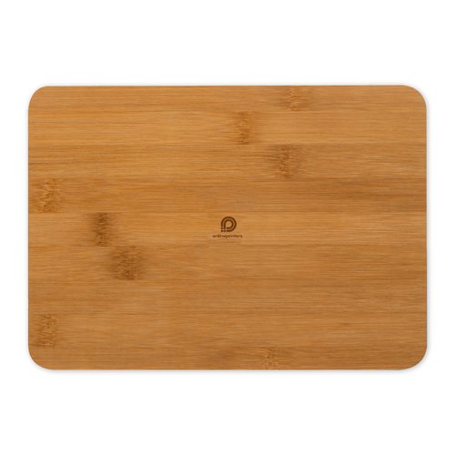 Bamboo cutting board with rounded edges.