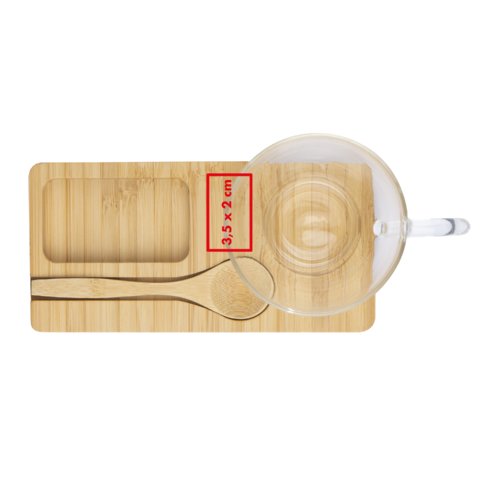 Wooden serving board with recesses for cup and spoon.