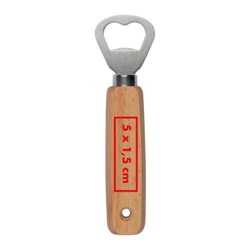 Wooden bottle opener with metal head and hanging hole.