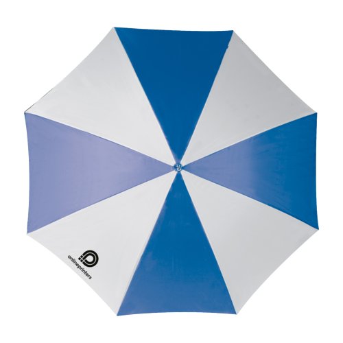 Blue automatic walking-stick umbrella with a large diameter.