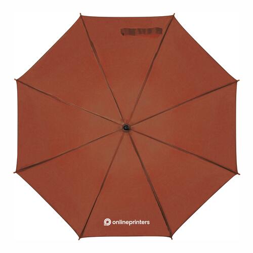 Brown wooden stick umbrella with automatic opening.