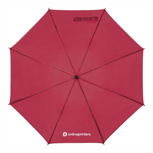 Burgundy wooden walking umbrella with automatic function.