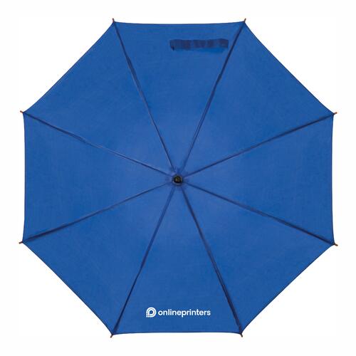Blue wooden automatic umbrella with curved handle.