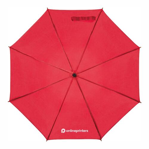 Red wooden stick umbrella with automatic function.