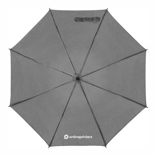 Gray wooden automatic umbrella with cover and wooden handle.