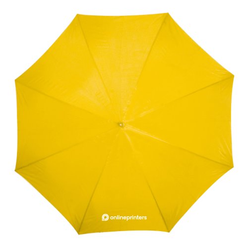 Yellow wooden automatic umbrella with large diameter.