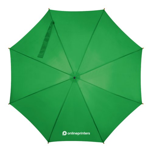 Green wooden automatic umbrella with matching protective sleeve.