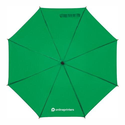 Green wooden automatic umbrella with matching protective sleeve.