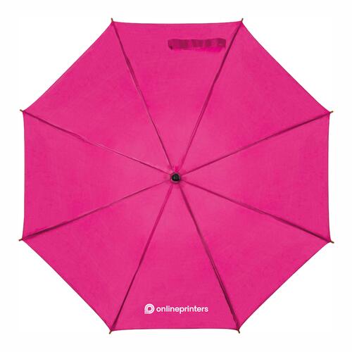 Pink automatic umbrella with wooden handle and matching protective cover.