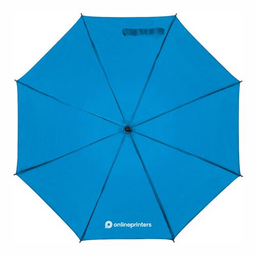 Light blue wooden automatic umbrella with canopy and handle.