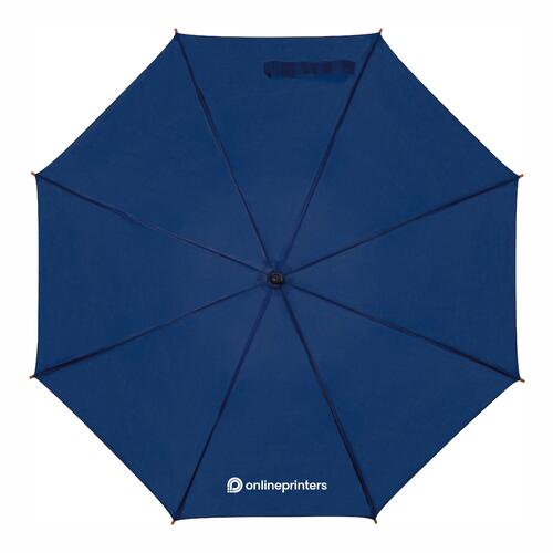 Dark blue automatic stick umbrella with wooden handle.