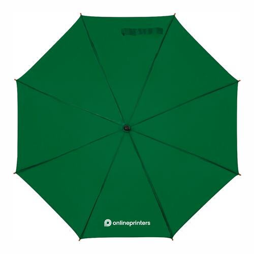 Dark green wooden automatic umbrella with wooden handle.