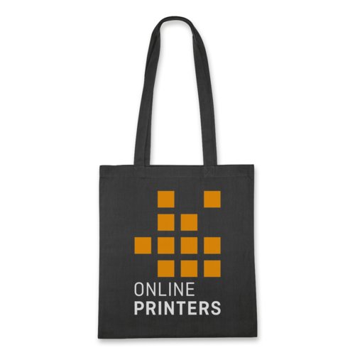 Black cotton tote bag with long handles.