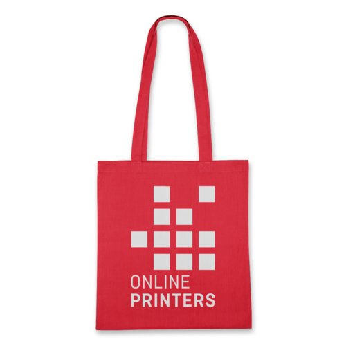 Red cotton tote bag with carrying handles.