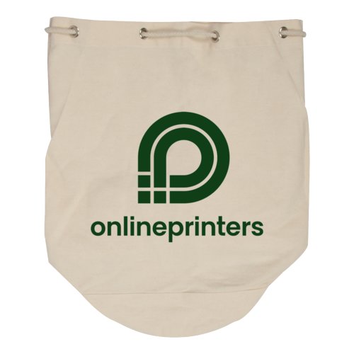 Natural-colored cotton duffel bag with drawstring.