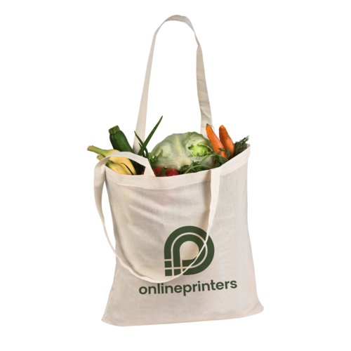 Natural colored cotton bag with carrying handles.