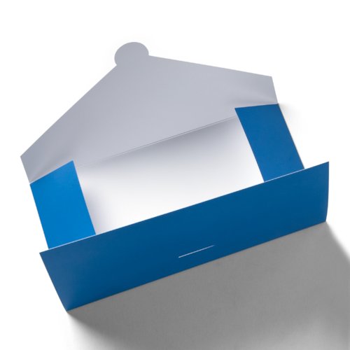 Blue paper folder with closure flap.